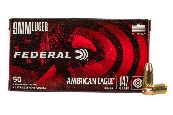 Federal American Eagle 9mm 147grain full metal jacket ammo for training and practice in 50-round boxes.